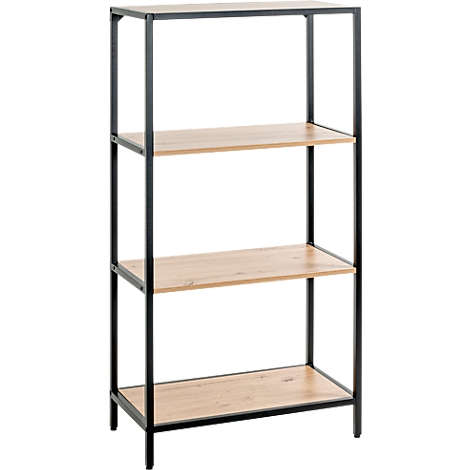 Een plank met een zwart metalen frame en drie lichte houten planken.