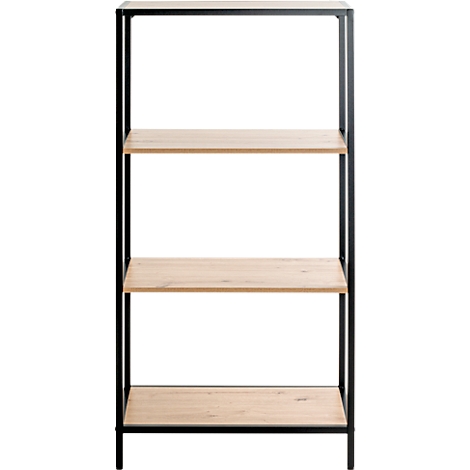 Zwart boekenrek met drie planken van imitatiehout.