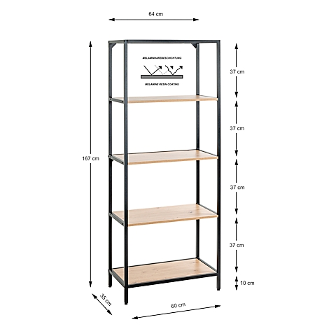Een open plank met vier houten planken en een zwart metalen frame. Afmetingen: 167x64x35 cm. Label: Melaminehars coating.