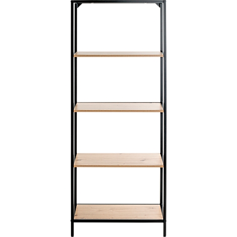 Zwart metalen stellingkast met houten planken. Het rek heeft vier planken.
