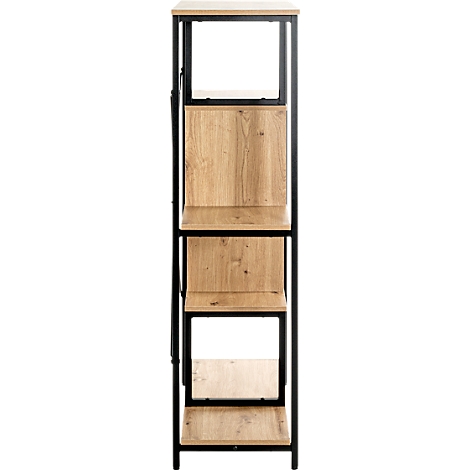 Een slank rek met houten planken en een zwart metalen frame, in detail getoond.