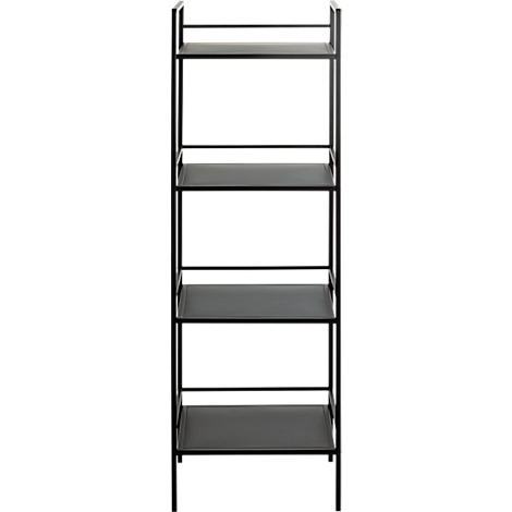 Zwart metalen rek met 4 planken. Open ontwerp voor boeken, decoratie.