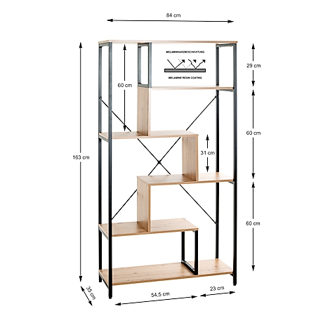 Boekenrek met houten planken en zwart metalen frame. Afmetingen en labels zijn afgebeeld.