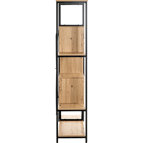 Hoge, smalle plank met houten planken en een zwart metalen frame. Meerdere compartimenten bieden opslagruimte.