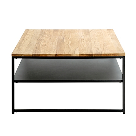 Table basse carrée avec plateau en bois et cadre en métal noir. Dimensions : 70 x 70 x 40 cm.