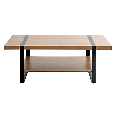 Table basse carrée avec plateau en bois et cadre en métal noir. Deux bandes noires sur le plateau.