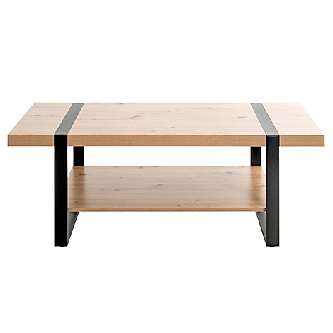 Table basse en bois avec cadre en métal noir et étagère.