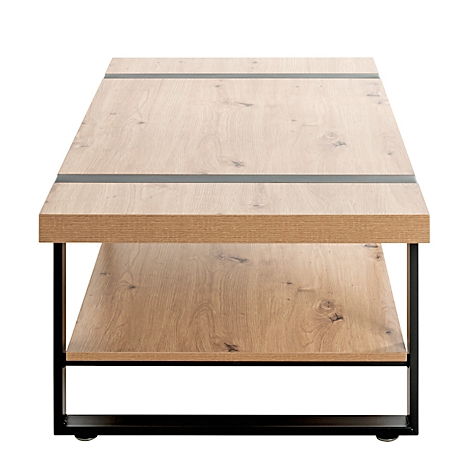 Table basse, bois clair, cadre noir, avec étagère, deux bandes grises.