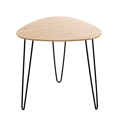 Table triangulaire en bois avec trois pieds noirs en épingle à cheveux.