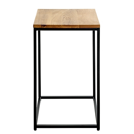 Petite table d'appoint avec plateau carré en bois et cadre en métal noir.