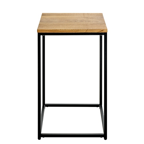 Table d'appoint carrée avec plateau en bois et cadre en métal noir.