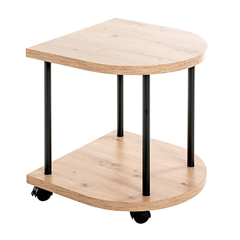Gros plan d'un dessus de table en bois, de forme arrondie. Le grain du bois est clairement visible.