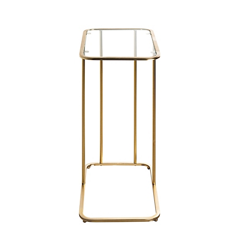 Table d'appoint avec un plateau en verre carré et un cadre en métal doré.