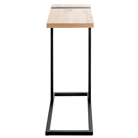 Table d'appoint en bois clair avec cadre en métal noir. Une bande sombre en haut.