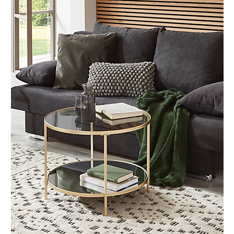 Table d'appoint ronde dorée avec deux étagères en verre, dimensions : Ø 60 cm, hauteur 45 cm. Certifié ESG.