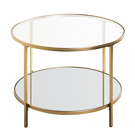Table d'appoint dorée avec deux étagères rondes en verre. Les pieds sont également de couleur dorée.