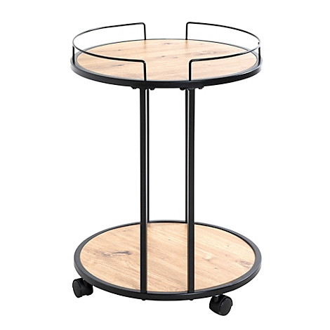 Table d'appoint avec deux étagères rondes en aspect bois, cadre noir et roulettes.