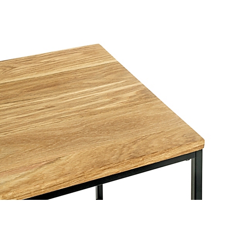 Table d'appoint carrée avec plateau en bois, cadre en métal noir et dimensions.