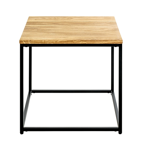 Table d'appoint carrée en bois avec cadre en métal noir.