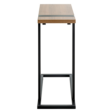 Petite table d'appoint avec plateau en bois et pieds en métal noir.