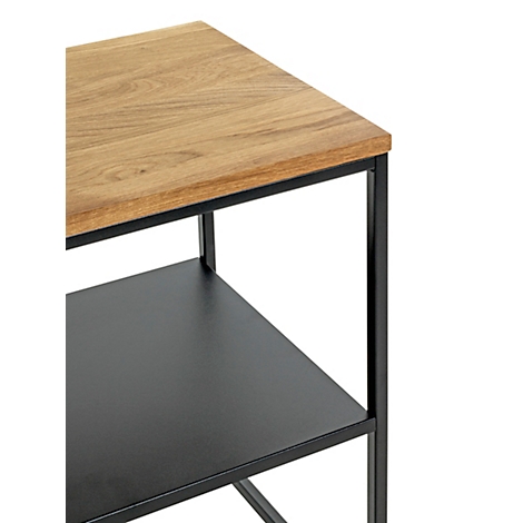 Table d'appoint avec plateau en bois et structure en métal noir. Une autre étagère en dessous.