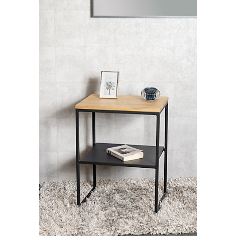 Table d'appoint avec plateau en bois et cadre en métal noir. Dimensions : 45x35x60 cm. Une représentation du matériau est également affichée.