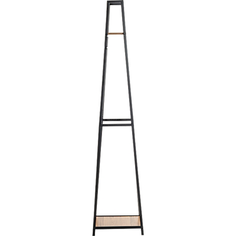 Zwarte kapstok, A-vormig met houten plank. Twee horizontale staven voor bevestiging.