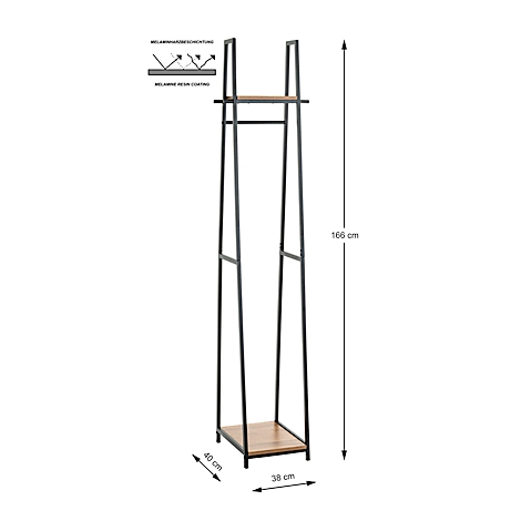 Zwart kledingrek met houten vloeren en afmetingen.