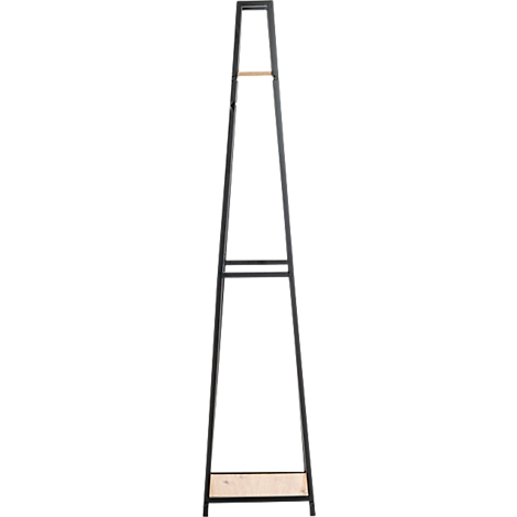 Zwart kledingrek met houten vloeren en stang, tegen een witte achtergrond.