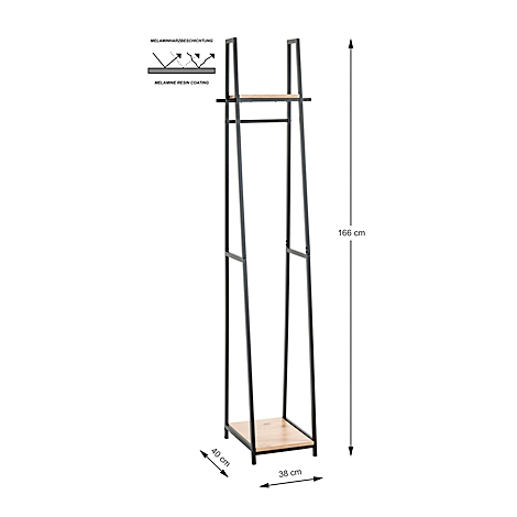Zwarte, vrijstaande kledingrek met twee planken en een kledingroede tegen een neutrale achtergrond. Afmetingen in cm.