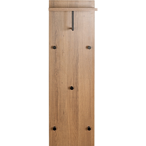 Houten wandkapstok met zwarte kapstokhaak, knoppen en een plank.
