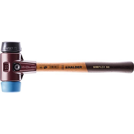 Marteau Simplex, marron-rouge et bleu. Avec manche en bois et nom de la marque.