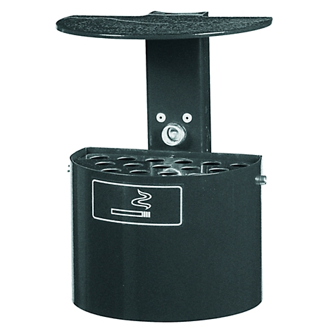 Black ashtray with roof and cigarette symbol, with holes for cigarettes. Top shelf.