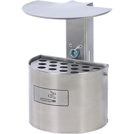 A silver wall-mounted ashtray with a semi-circular container, lid and holes for cigarettes. A cigarette symbol is shown on the container.