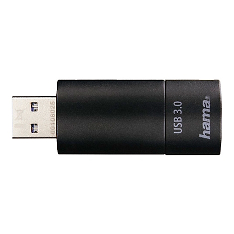 Clé USB noire avec inscription 'USB 3.0' et 'hama'. Fiche argentée. Petite et compacte.