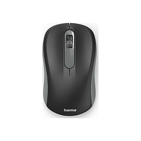 Draufsicht einer anthrazitfarbenen, ergonomisch geformten kabellosen Hama Computermaus mit grauem Scrollrad.