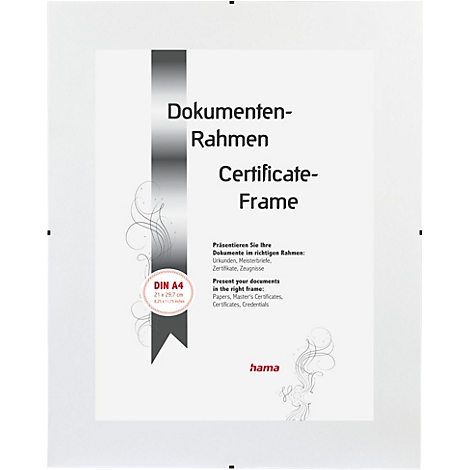 Ein weisser Dokumentenrahmen, mit Text wie "Dokumenten-Rahmen Certificate-Frame".