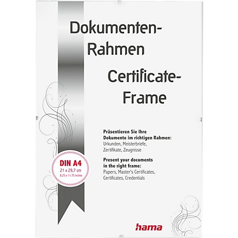 Ein weisser Dokumentenrahmen, mit Text wie "Dokumenten-Rahmen, Certificate-Frame", Grössenangabe A4, Herstellerlogo hama.