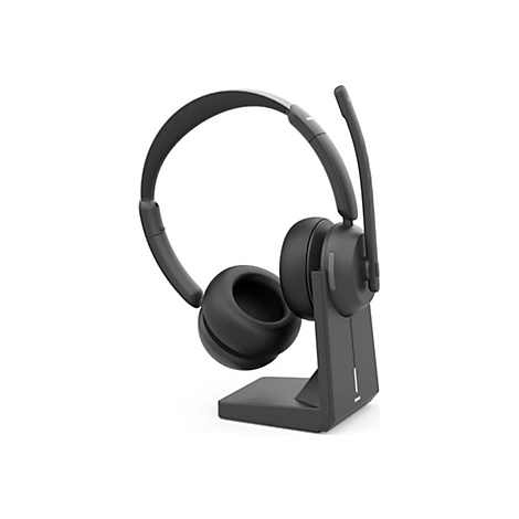 Schwarzes kabelloses On-Ear-Headset mit Mikrofonarm in einer Ladestation auf weißem Hintergrund.