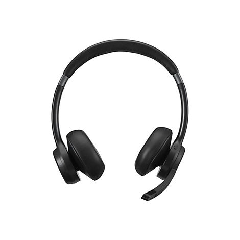 Schwarzes On-Ear-Headset mit gepolstertem Kopfbügel und Mikrofonarm vor weißem Hintergrund.
