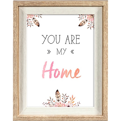 Une image encadrée avec le texte 'YOU ARE MY Home', décorée de plumes et de fleurs.
