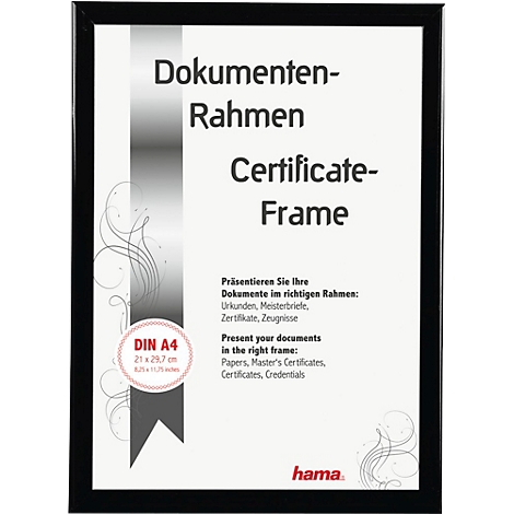 Cadre de documents noir avec fond blanc, texte : Dokumenten-Rahmen, Certificate-Frame, DIN A4, logo Hama.