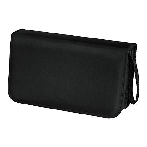 Eine rechteckige, schwarze Stofftasche mit Reißverschluss und Trageschlaufe vor weißem Hintergrund.