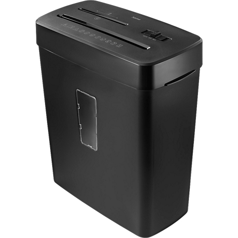 Déchiqueteuse de papier noire et rectangulaire avec fentes d'alimentation et fenêtre transparente.