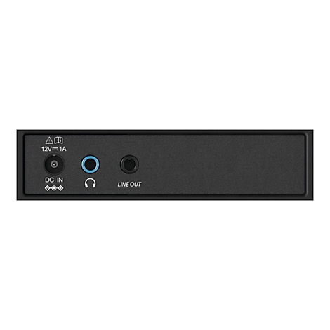 ArriÃ¨re d'un appareil audio noir avec entrÃ©es: DC, casque et sortie ligne.