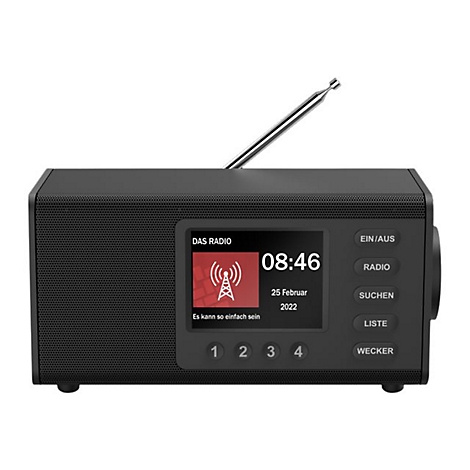 Radio noir avec Ã©cran, antenne et boutons. L'Ã©cran affiche l'heure 08:46, la date et un symbole radio.