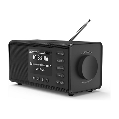 Radio noir avec affichage, heure : 10h33. Panneau de commande avec boutons, dont marche/arrÃªt, radio, recherche, liste, rÃ©veil. ContrÃ´le du volume.