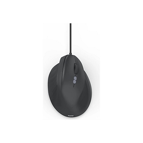 Schwarze, ergonomische Kabelmaus von Hama in der Draufsicht vor weißem Hintergrund.
