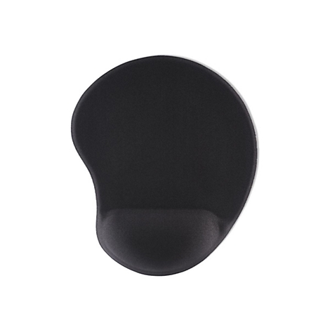 Schwarzes Mauspad mit ergonomischer Handgelenkauflage vor weißem Hintergrund.