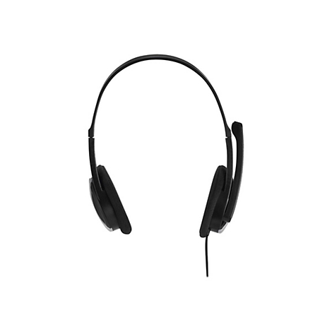 Casque noir avec microphone sur fond blanc.